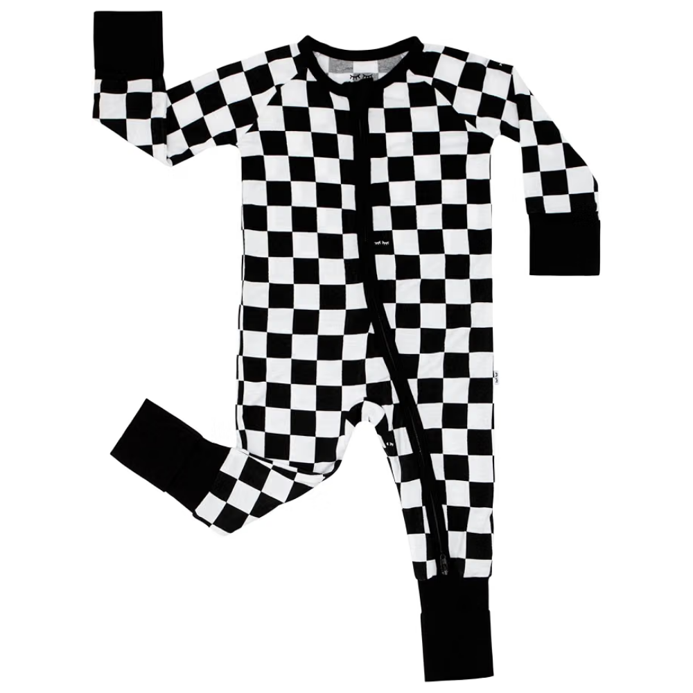 Checkered Black And White Baby Convertible Zippy Romper, Checkered Baby Romper Convertible BB0428
