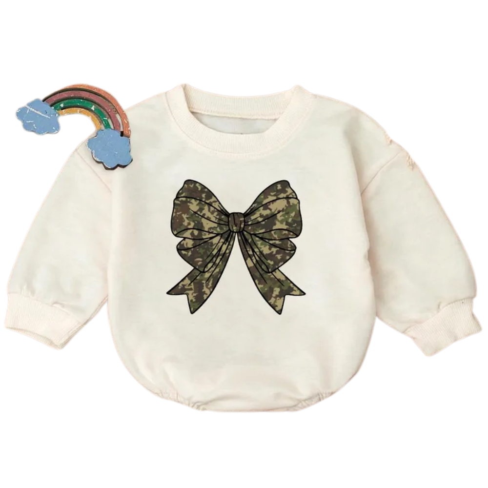 Camouflage Bow Baby Romper Sweatshirt, Camo Baby Romper Sweater BB0475