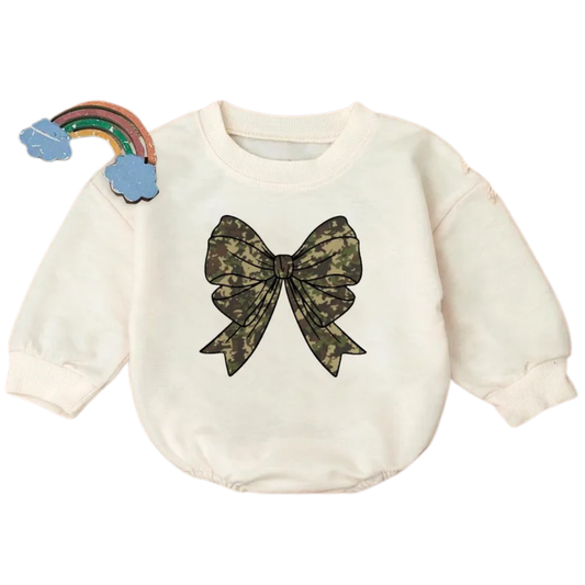 Camouflage Bow Baby Romper Sweatshirt, Camo Baby Romper Sweater BB0475