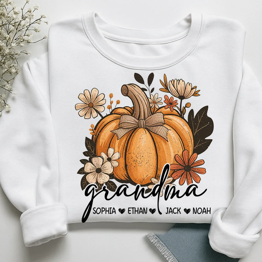 Pumpkin Floral Custom Grandma And Grandkid Names Sweatshirt, Custom Grandmother Sweatshirt For Thanksgiving 2D1017