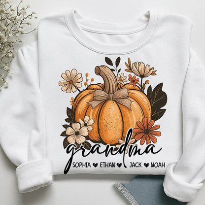 Pumpkin Floral Custom Grandma And Grandkid Names Sweatshirt, Custom Grandmother Sweatshirt For Thanksgiving 2D1017