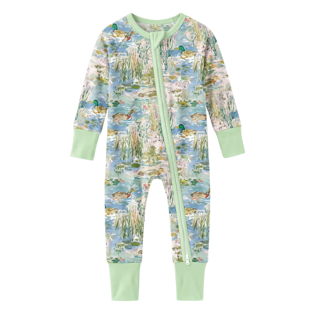 Mallard Duck Watercolor Baby Convertible Zippy Romper, Mallard Duck Baby Romper Convertible Green BB0831