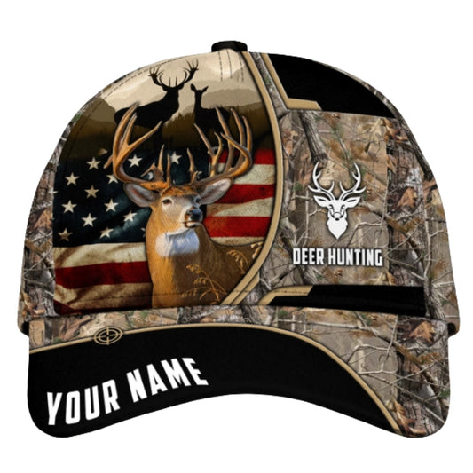 Custom Deer Hunting American Flag 3D Baseball Cap, Custom Deer Hunting Cap Hat CP0334