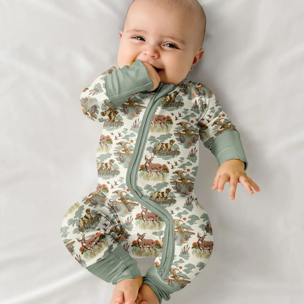 Deer Dog Hunting Baby Convertible Zippy Romper, Vintage Hunting Baby Romper Convertible BB0893