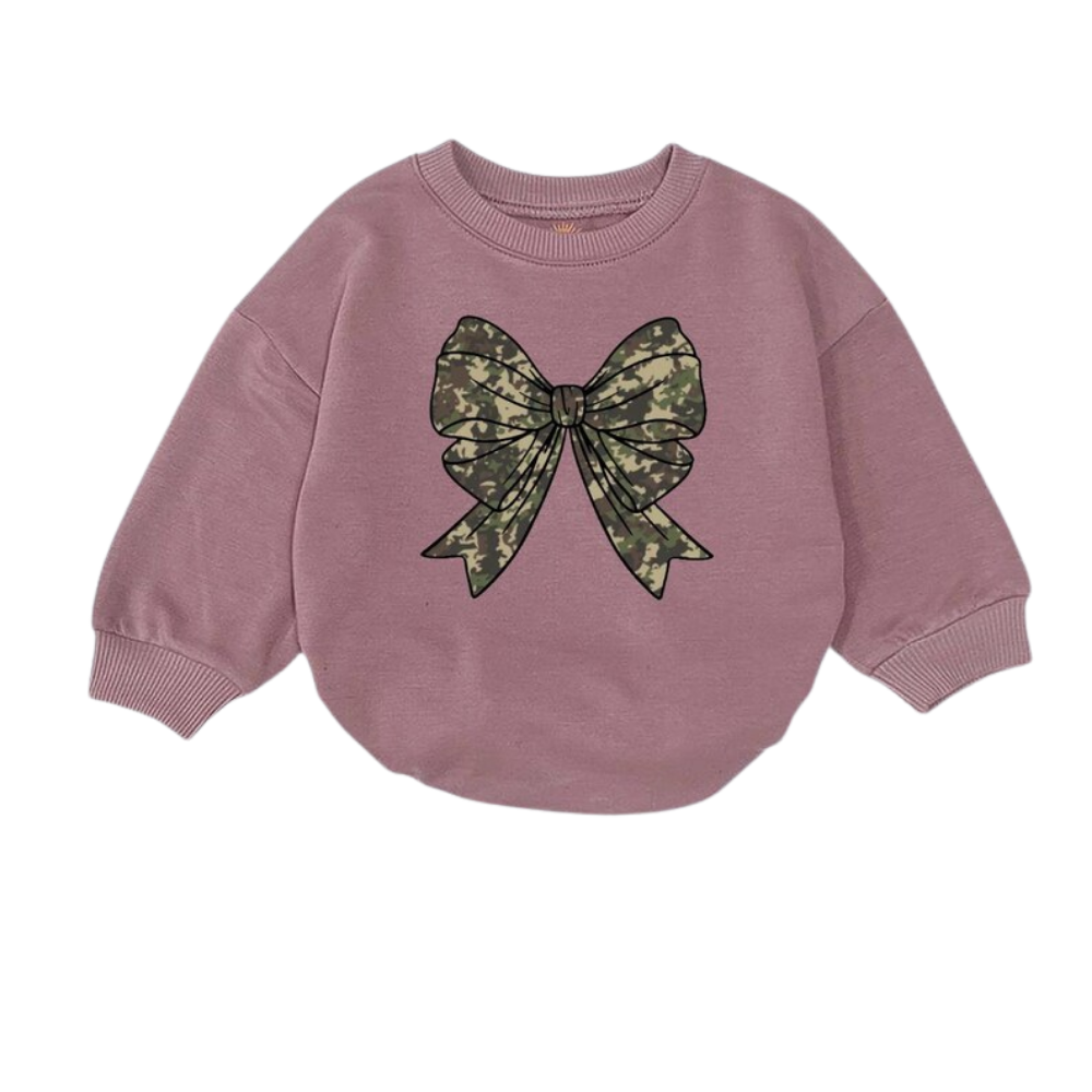 Camouflage Bow Baby Romper Sweatshirt, Camo Baby Romper Sweater BB0475