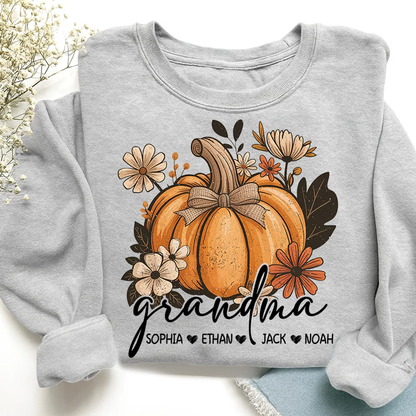 Pumpkin Floral Custom Grandma And Grandkid Names Sweatshirt, Custom Grandmother Sweatshirt For Thanksgiving 2D1017