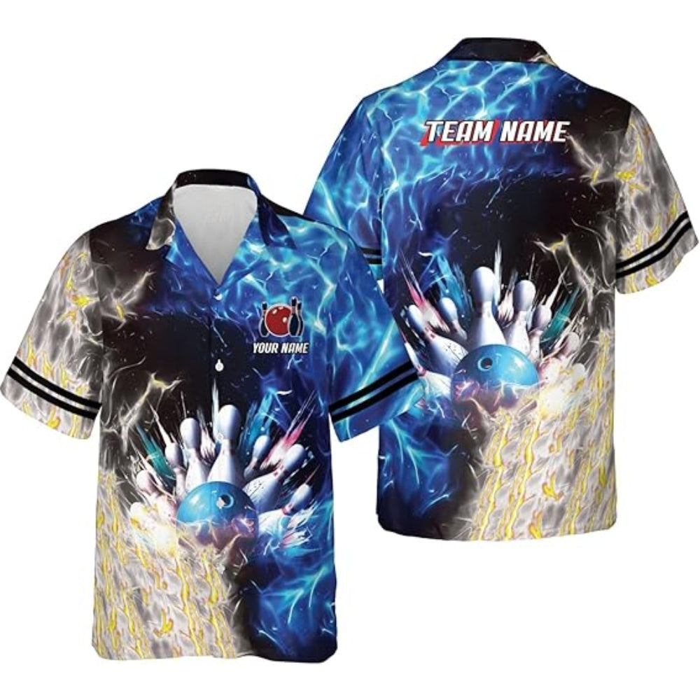 Custom Blue and Purple Flame Bowling Hawaiian Shirts, Custom Flame Bowling Team Shirts BZ0358