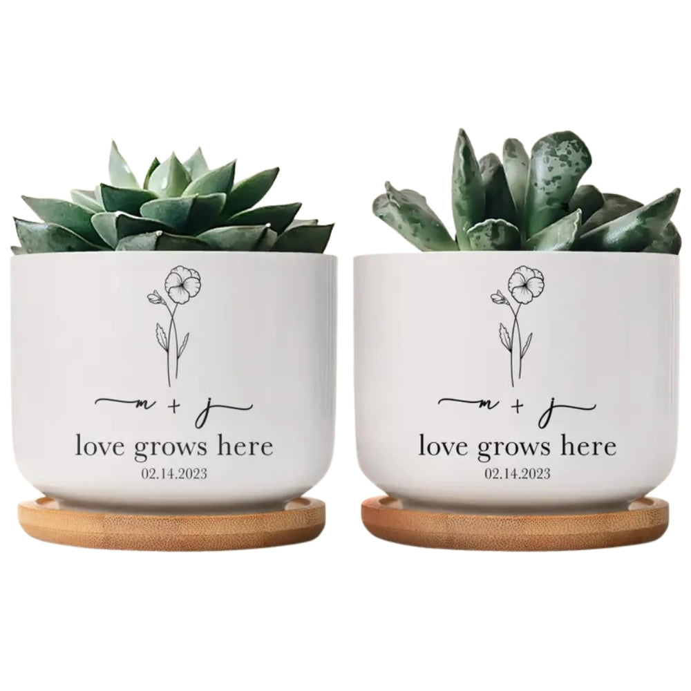 Love Grows Here Custom Couple Initials Flower Pot, Custom Wedding Planter WD0335
