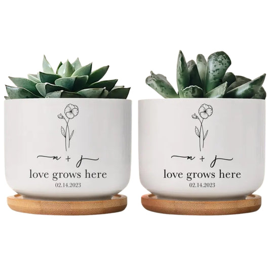 Love Grows Here Custom Couple Initials Flower Pot, Custom Wedding Planter WD0335