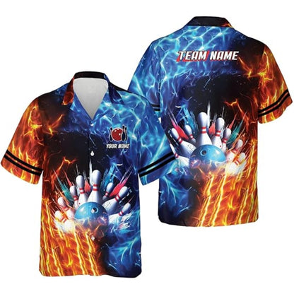 Custom Blue and Purple Flame Bowling Hawaiian Shirts, Custom Flame Bowling Team Shirts BZ0358