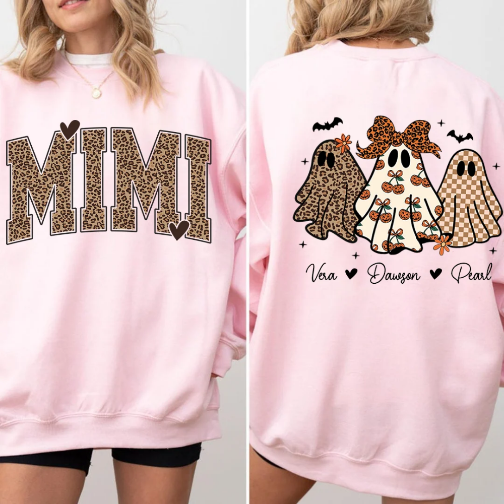 Custom Mimi Ghost Halloween Sweatshirt With Grandkids Names, Custom Halloween Sweatshirt For Grandmother 2D1018