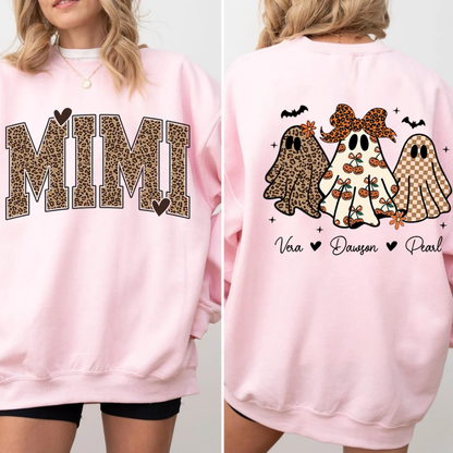 Custom Mimi Ghost Halloween Sweatshirt With Grandkids Names, Custom Halloween Sweatshirt For Grandmother 2D1018