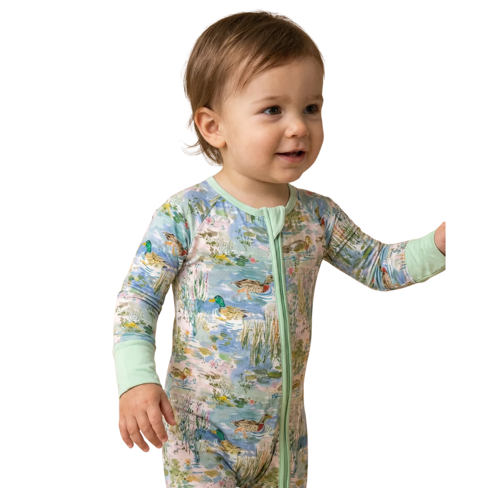 Mallard Duck Watercolor Baby Convertible Zippy Romper, Mallard Duck Baby Romper Convertible Green BB0831