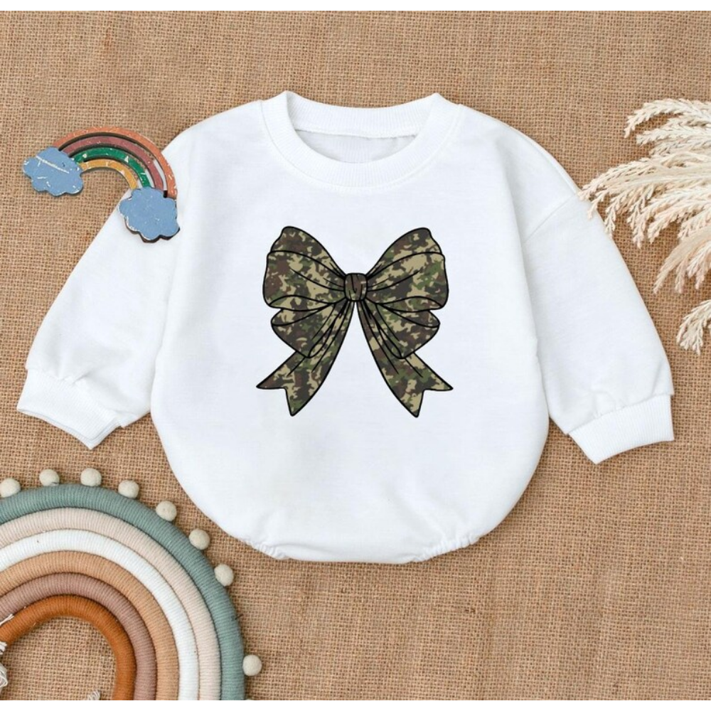 Camouflage Bow Baby Romper Sweatshirt, Camo Baby Romper Sweater BB0475