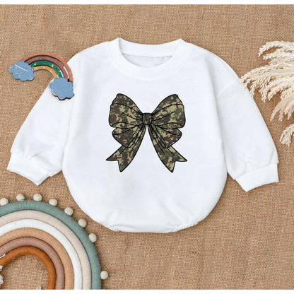 Camouflage Bow Baby Romper Sweatshirt, Camo Baby Romper Sweater BB0475
