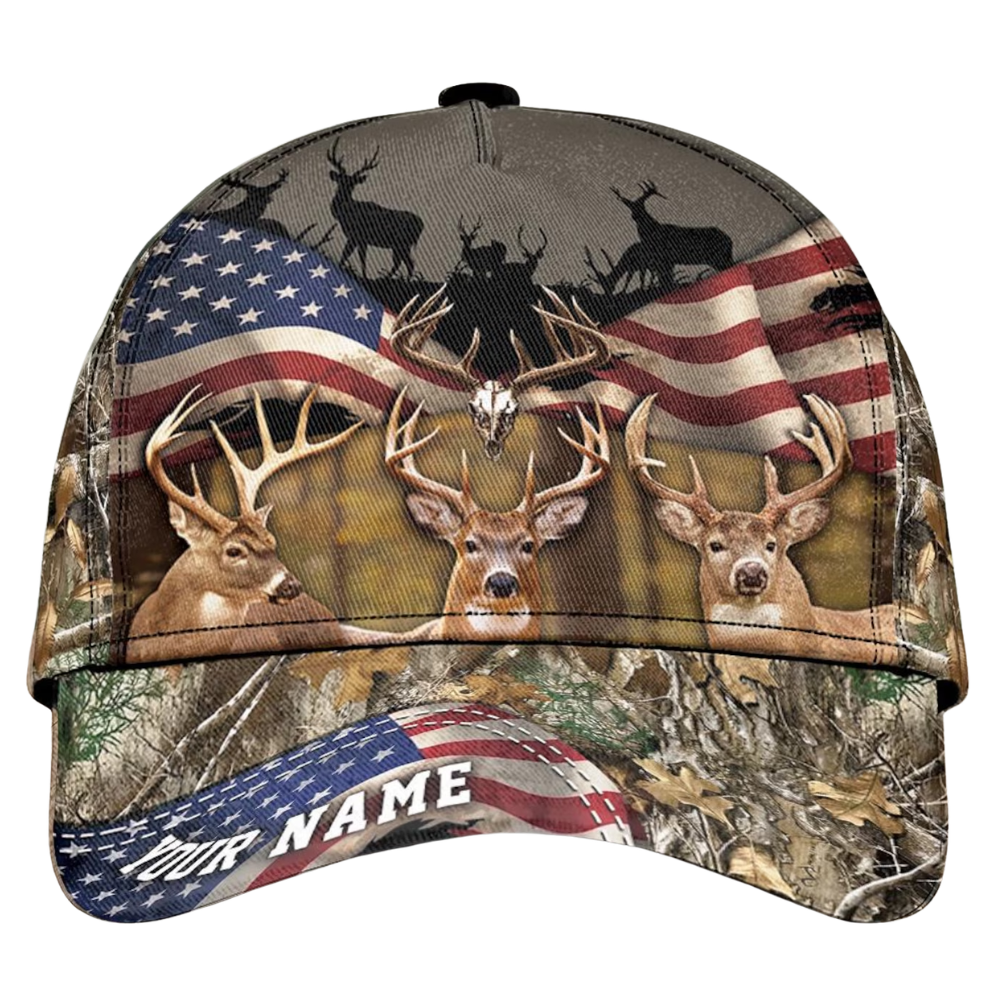 Deer Hunting American Flag Custom Name Baseball 3D Printed Cap, Personalized Deer Patriotic Cap For Hunter CP0536
