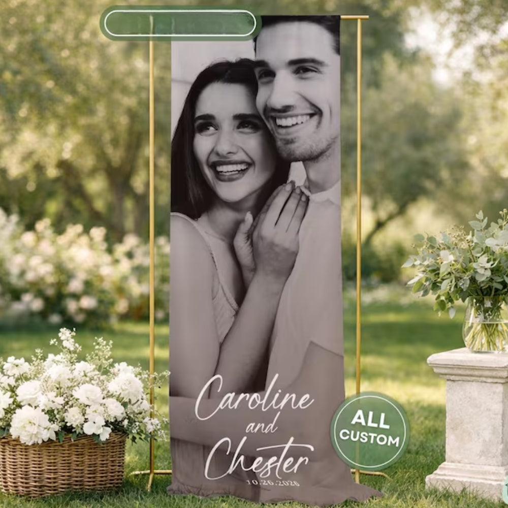 Custom Photo Black And White Linen Wedding Welcome Banner, Personalized Wedding Welcome Sign With Photo WD0913