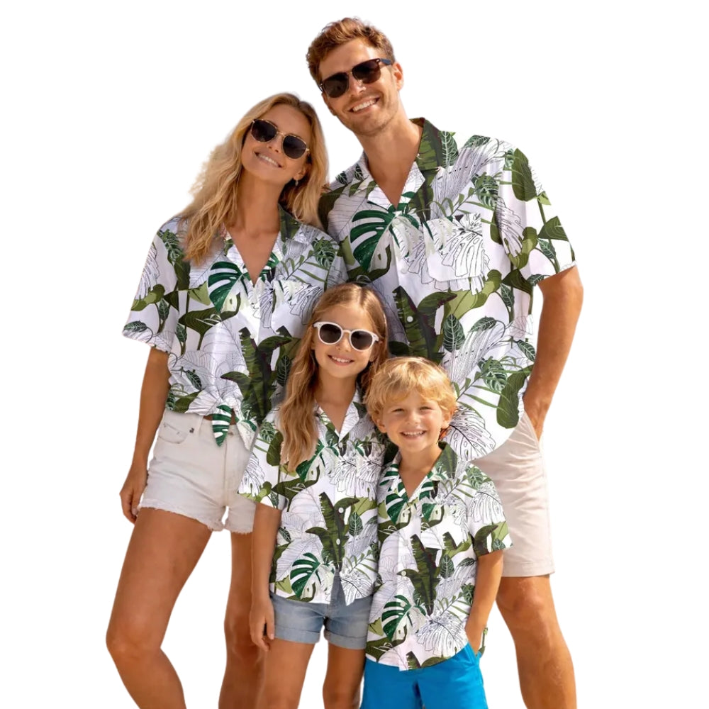 Tropical Green And White Matching Family Hawaiian Shirts, Tropical Beach Vacation Hawaiian Shirts For Family ET0542