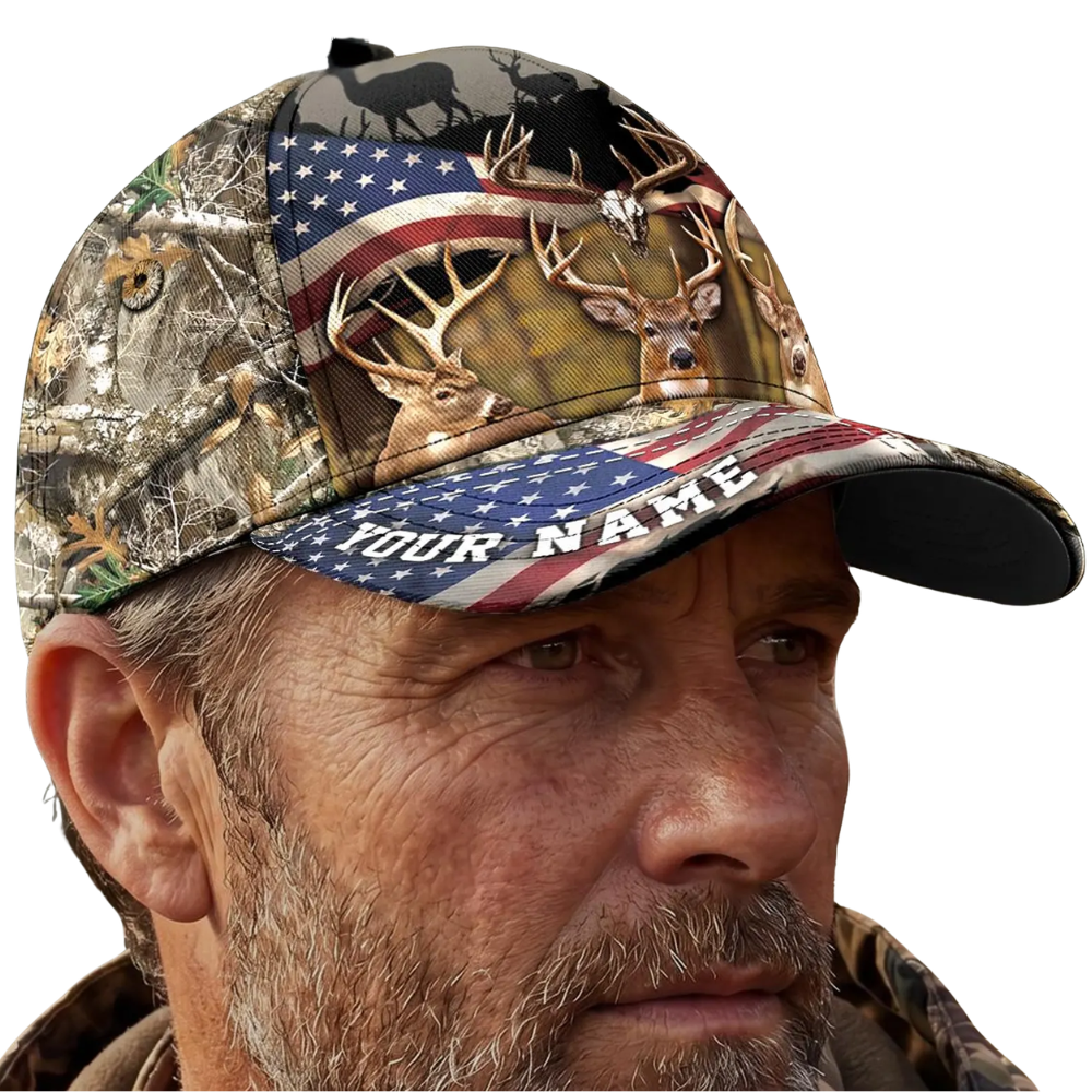 Deer Hunting American Flag Custom Name Baseball 3D Printed Cap, Personalized Deer Patriotic Cap For Hunter CP0536