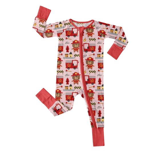 Firefighter Bear Red Baby Convertible Zippy Romper, Firefighter Baby Romper Convertible BB0894