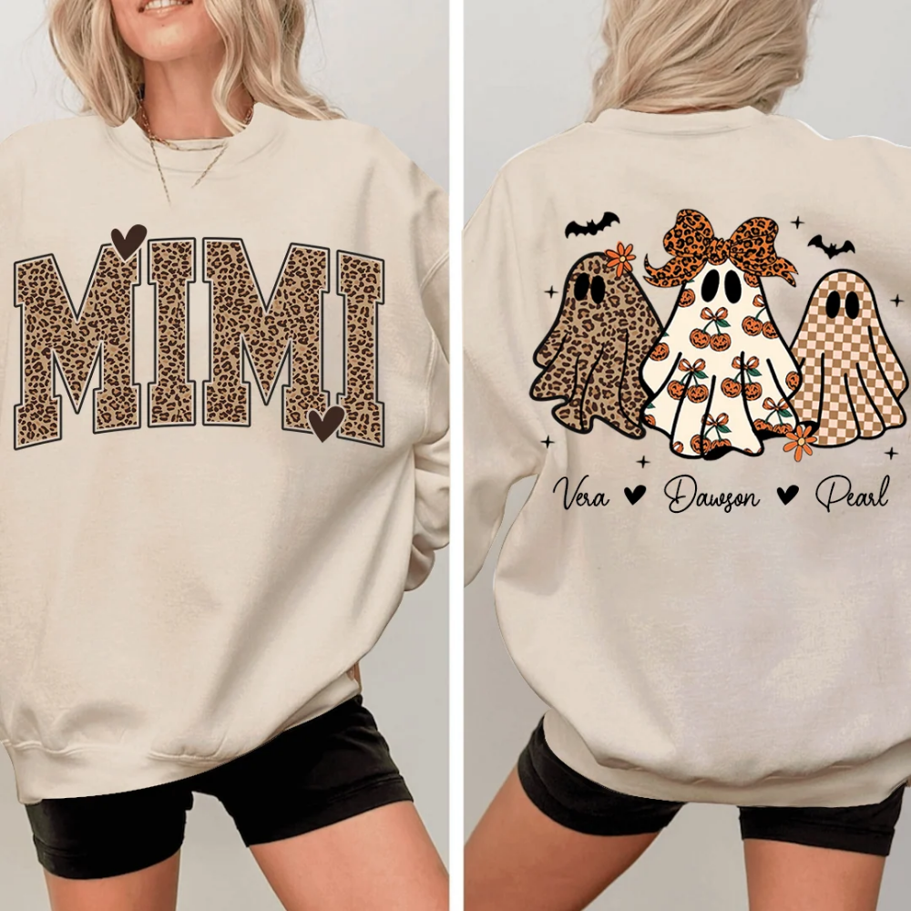 Custom Mimi Ghost Halloween Sweatshirt With Grandkids Names, Custom Halloween Sweatshirt For Grandmother 2D1018