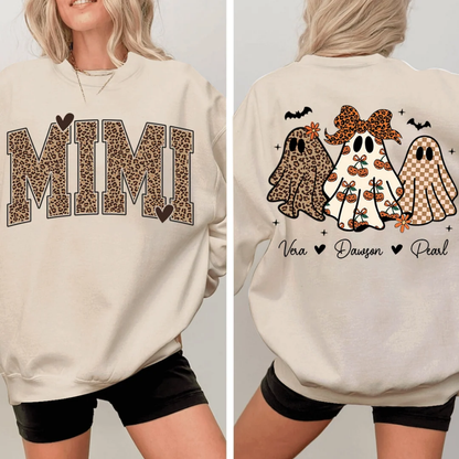 Custom Mimi Ghost Halloween Sweatshirt With Grandkids Names, Custom Halloween Sweatshirt For Grandmother 2D1018