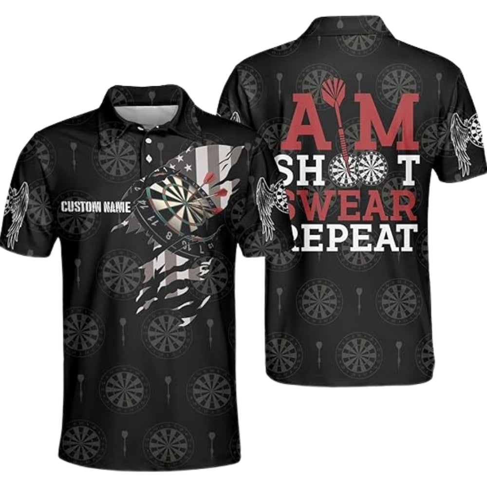 Aim Shoot Swear Repeat Custom Darts Polo Shirt Mens, Custom Funny Darts Team Shirts DE0070