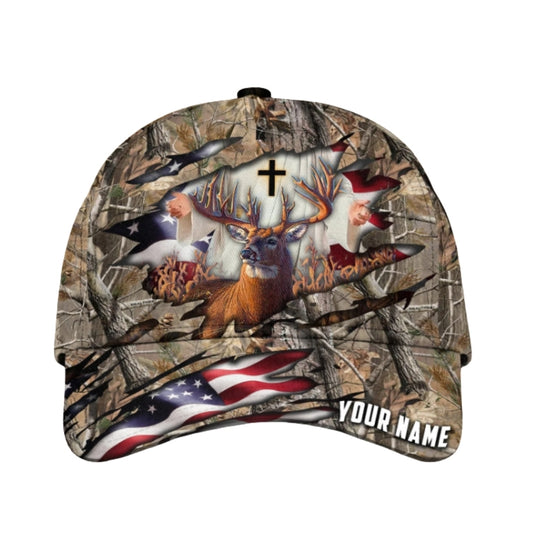 Custom Deer Hunting God American Flag Cap, Custom Deer Hunting God Baseball Cap CP0336