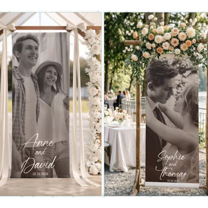Custom Photo Black And White Linen Wedding Welcome Banner, Personalized Wedding Welcome Sign With Photo WD0913