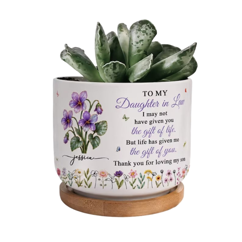 To My Daughter In Law Personalized Birth Month Flower Planter, Custom Wedding Pot For Daughter In Law WD0336