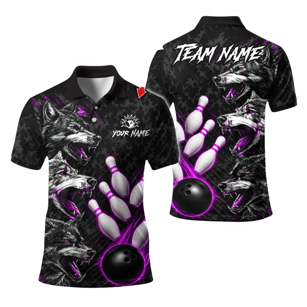 Custom Wolf Black Green Bowling Polo Shirts Mens, Custom Wolf Bowling Team Shirts BE0267