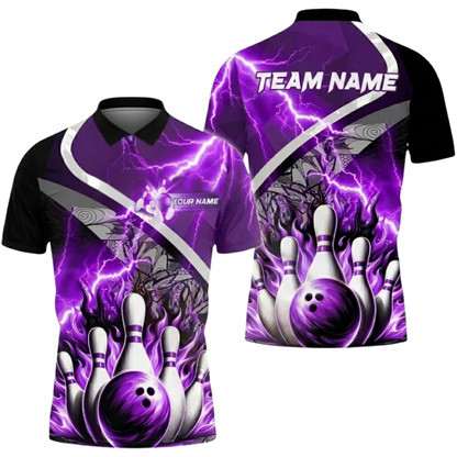 Blue Flame Custom Mens Bowling Polo Shirt, Custom Flame Thunder Bowling Team Shirts BZ0804