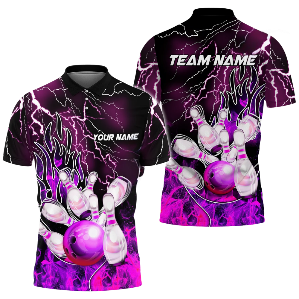 Custom Purple Flame Bowling Polo Shirt Mens, Custom Team Flame Bowling Shirts BZ0759