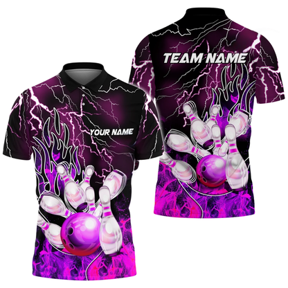 Custom Purple Flame Bowling Polo Shirt Mens, Custom Team Flame Bowling Shirts BZ0759