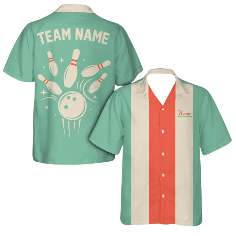 Custom Retro Blue Beige Bowling Hawaiian Shirt For Men, Custom Retro Bowling Team Shirts  BE0183