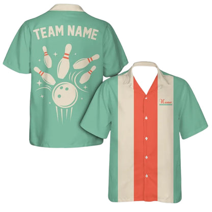 Custom Retro Blue Beige Bowling Hawaiian Shirt For Men, Custom Retro Bowling Team Shirts  BE0183