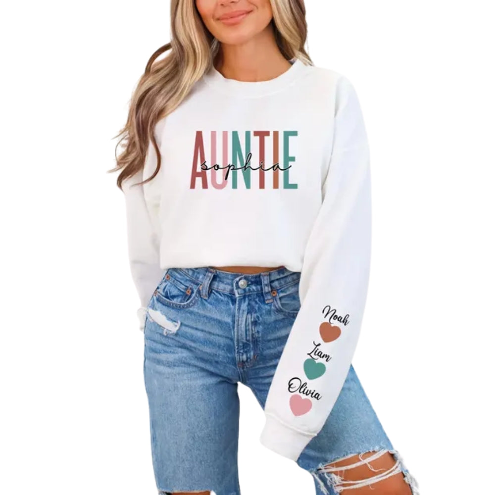 Custom Auntie Sweatshirt With Kid Names on Sleeve, Custom Sweatshirt For Aunt 2D0414