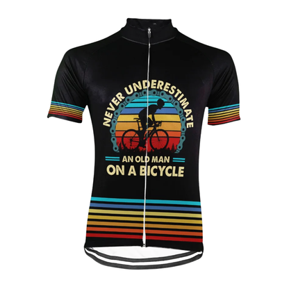 Custom Never Overestimate An Old Man On A Bicycle Cycling Short Sleeve Jersey For Men, Custom Funny Black Cycling Jersey CG0833