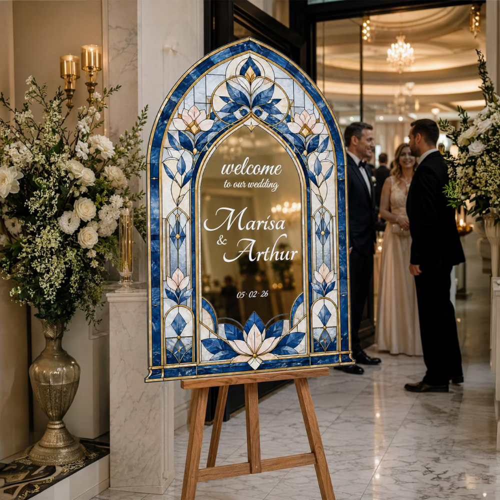 Custom Blue Stained Glass Lotus Wedding Welcome Acrylic Sign, Custom Stained Glass Welcome Sign For Wedding WD0677