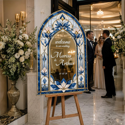 Custom Blue Stained Glass Lotus Wedding Welcome Acrylic Sign, Custom Stained Glass Welcome Sign For Wedding WD0677