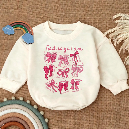God Says I Am Baby Pink Coquette Bow Romper Sweatshirt, Bible Verse Christian Baby Romper Sweatshirt BB0108