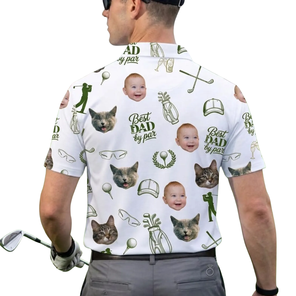Best Dad By Par Custom Pet Kid Face Mens Golf Polo Shirts Green White, Custom Photo Golf Shirts For Dad Father Day GE0507