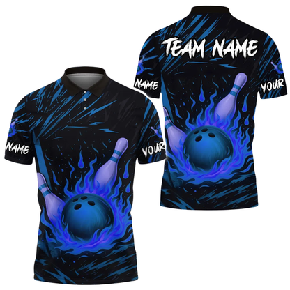 Custom Flame Ball Bowling Mens Polo Shirt, Custom Flame Bowling Team Shirts BE0198