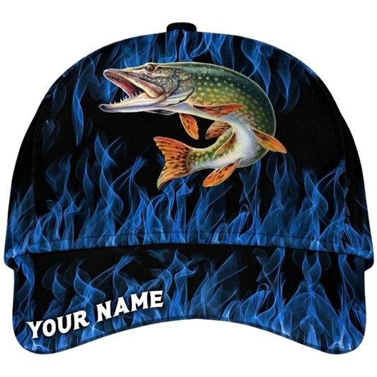 Trout Fishing Blue Flame Custom Name Baseball Cap, Custom Trout Fish Hat For Fisherman CP0610
