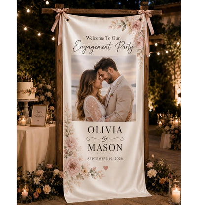 Custom Photo Engagement Party Fabric Welcome Banner, Custom Wedding Engagement Welcome Sign WD0400