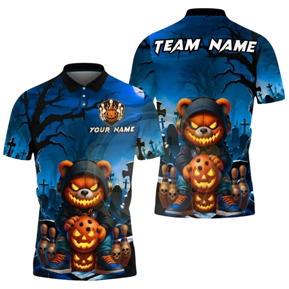 Custom Bear Pumpkin Mens Bowling Polo Shirt, Custom Halloween Bowling Shirts Team BZ0618