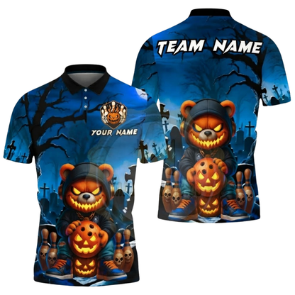 Custom Bear Pumpkin Mens Bowling Polo Shirt, Custom Halloween Bowling Shirts Team BZ0618