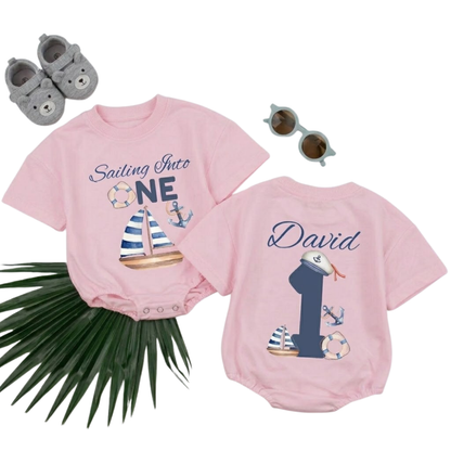 Custom Sailing Into One Birthday Baby TShirt Romper, Custom Nautical 1st Birthday Baby Romper BB0280