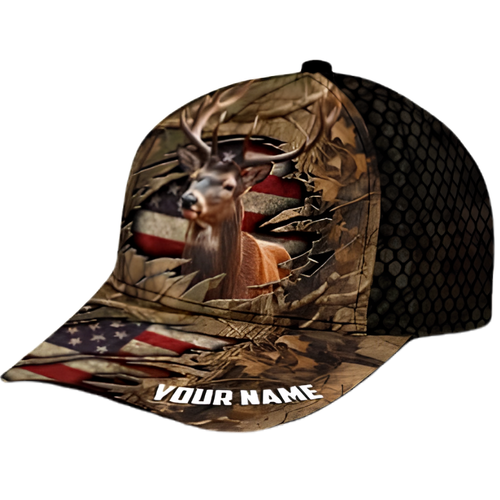 Custom Retro US Flag Deer Huting Baseball Cap, Custom Deer Huting 3D Printed Caps CP0525