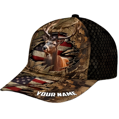 Custom Retro US Flag Deer Huting Baseball Cap, Custom Deer Huting 3D Printed Caps CP0525